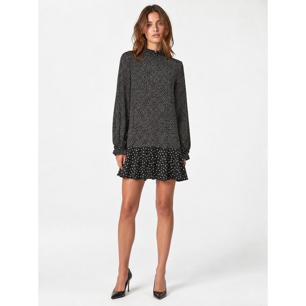 Zara Women Polka Dot Mini Dress XS Black Tan Ruffle Long Sleeve Tiered Career